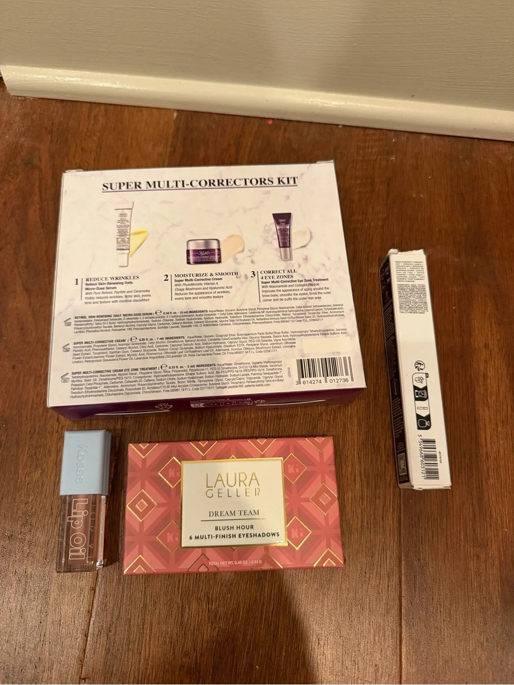 Kiehl's correctors mini kit, euphoria mascara, Laura Geller shadow, kosas lip